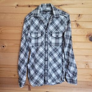 Express Fitted Black/White/Red Plaid Button-Down Shirt, Size: Small 14-14.5